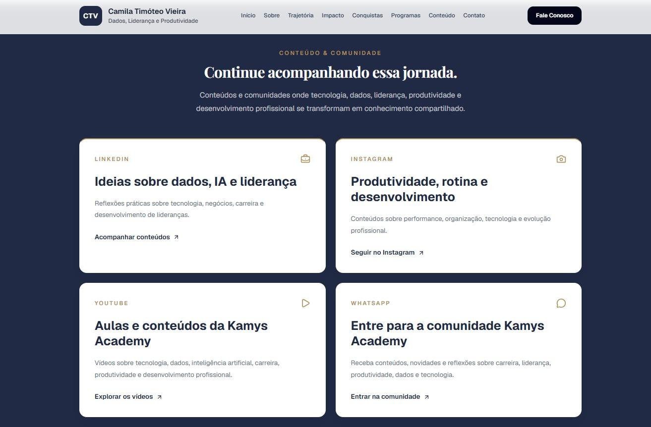 Seção de conteúdos, redes sociais e comunidades do site de Camila