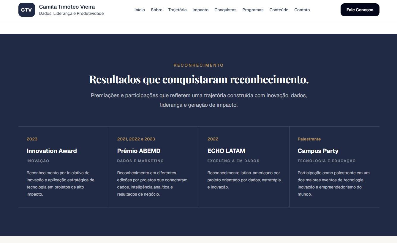 Seção de conquistas e reconhecimentos profissionais de Camila Timóteo Vieira