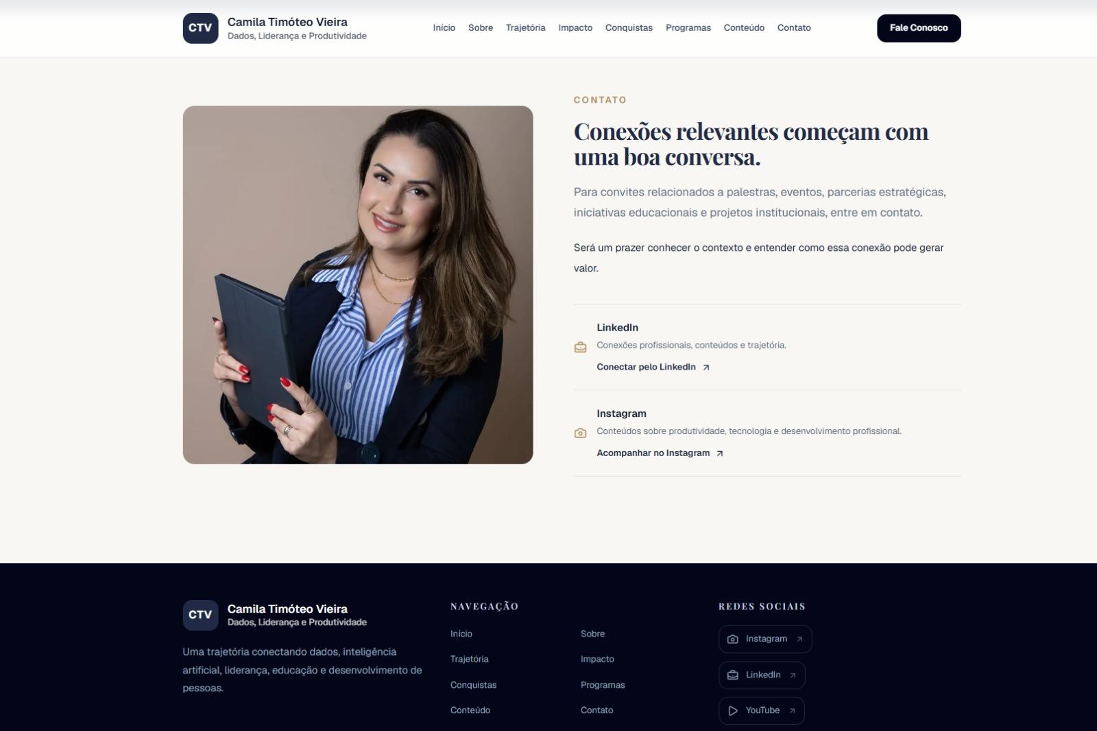Seção final de contato e rodapé do portfólio de Camila Timóteo Vieira